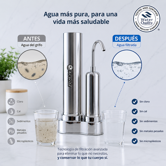 Filtro Ionizador de agua alcalina para encimera doble etapa Alcavida-Elimina el cloro, mal sabor y olores .