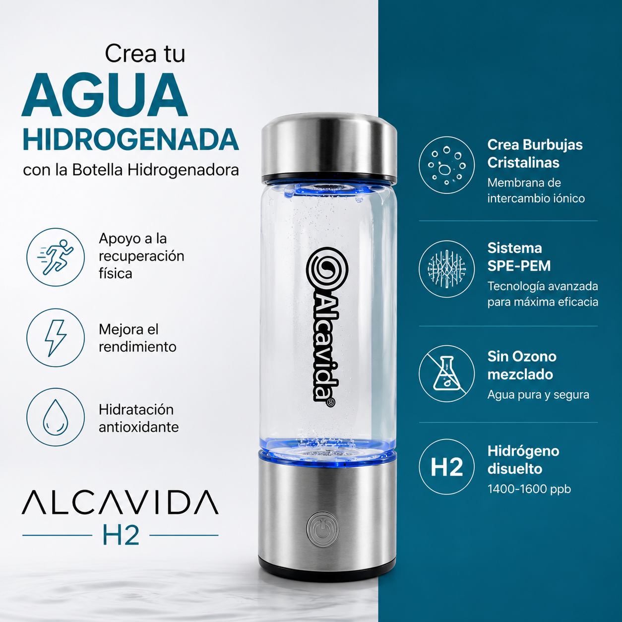 Botella Hidrogenadora para agua hidrogenada Alcavida H2