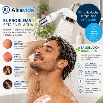 Filtro de ducha Terapéutico Alcavida | Elimina el 99% del cloro, piel seca, caspa y caída del pelo desde el primer uso.