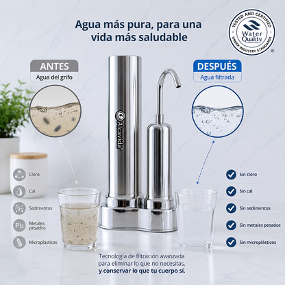 Filtro  Ionizador de agua alcalina para encimera doble etapa Alcavida-Elimina el cloro, mal sabor y olores .